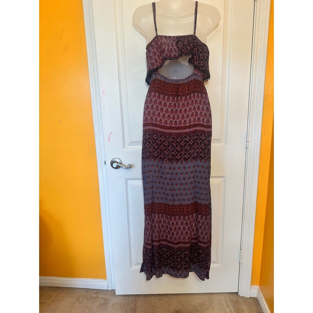 American Eagle Boho Floral Maxi Dress Purple Pink Cutout Pom Pom Trim Small